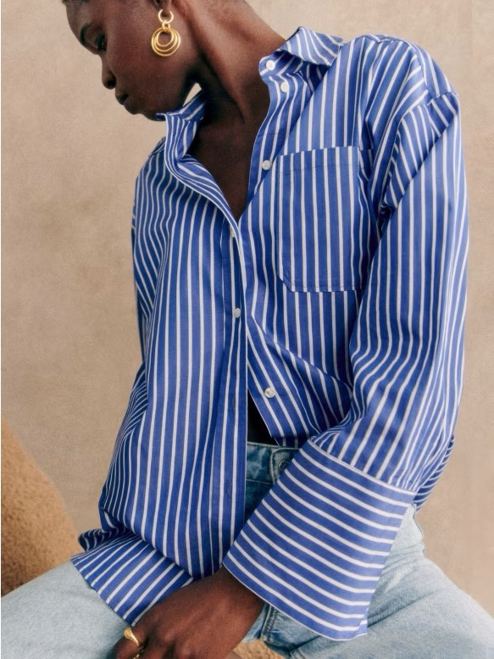 Sézane Bilma Shirt 34 US 2 Blue White Stripe Oversized Organic Cotton